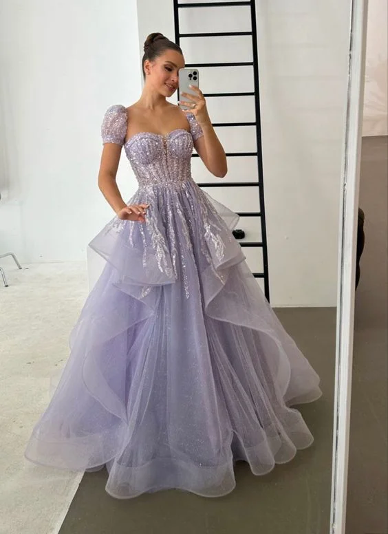 sleek midi dressLilac Beading Sequins Ball Gown Princess A-Line Long Prom Dress with Tulle Ruffles,DP710