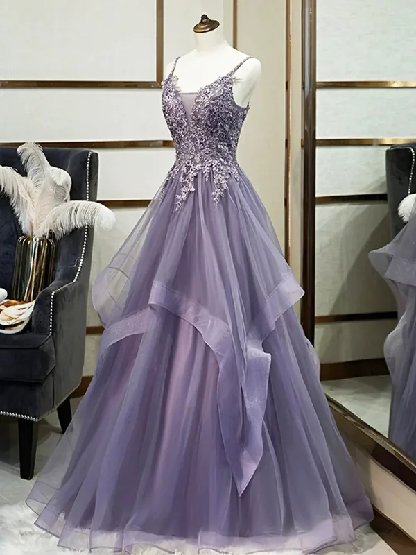 elegant shift dressPurple A-Line Tulle Appliques Long Prom Party Dress with Beading,DP1004