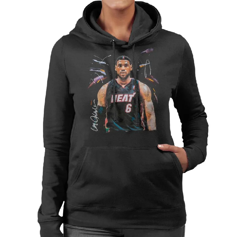 casual workout hoodieSidney Maurer Original Portrait Of LeBron James Miami Heat Jersey Women's Hooded Sweatshirt