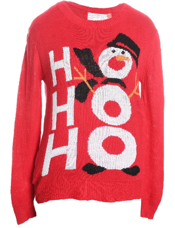 Snowman Design Red Knit Christmas Jumper - M