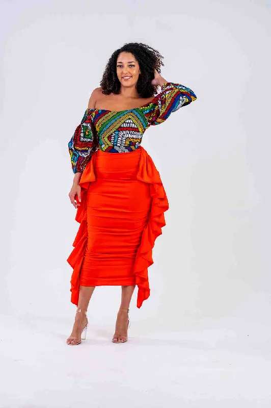 summer dressAarah Ankara Midi Dress with Side ruffle | Red African Print