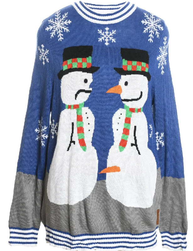 Snowman Navy Patterned Christmas Jumper - L