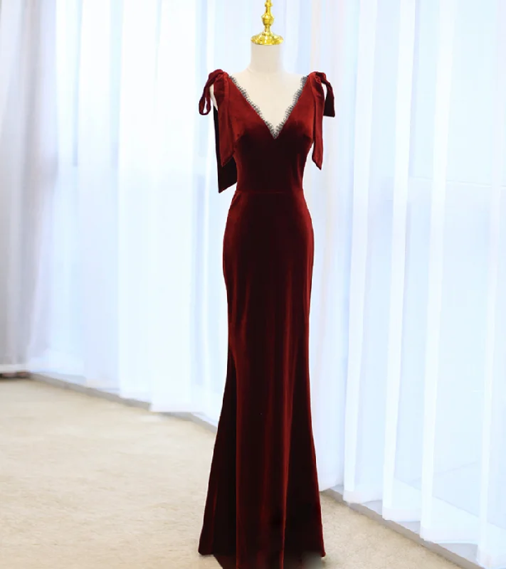 wool dressRed V Neck Velvet Mermaid Long Prom Dress Formal Party Dress,DP1059