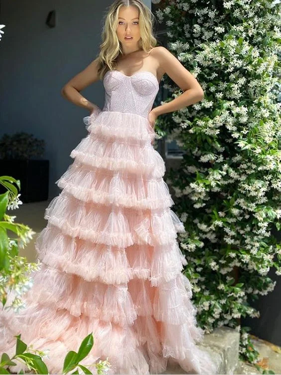 mini dressPearl Pink Sweatheart Tulle Tiered Long Prom Dresses,DP755