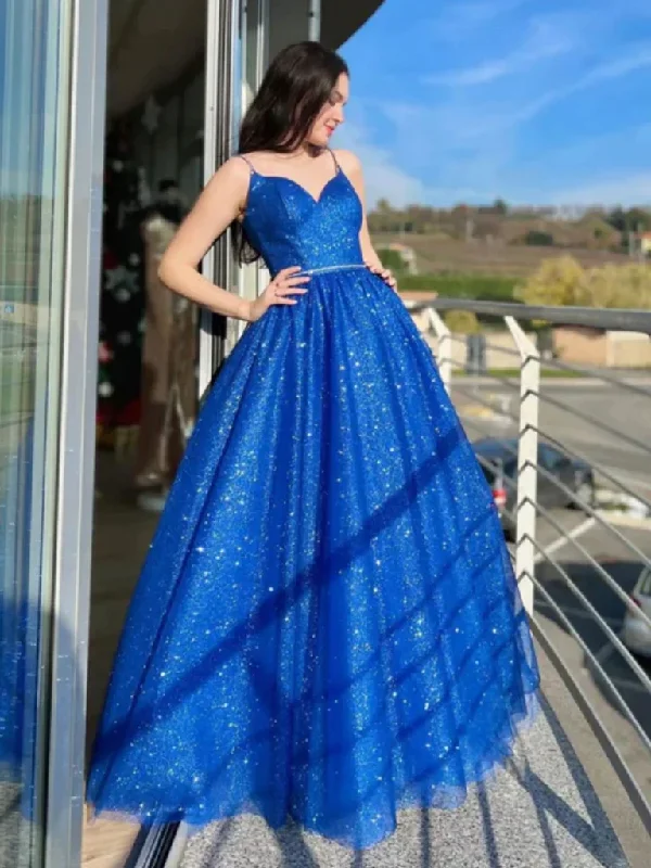 one-shoulder dressRoyal Blue A-Line Spaghetti Straps Tulle Long Prom Dress,DP1007