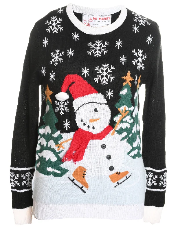 Snowman Design Black Christmas Jumper - S