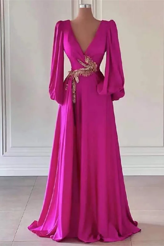 fitted cocktail dressFuchsia Dark V-Neck A-Line Long Sleeves Prom Dress With Embellishment,DP870