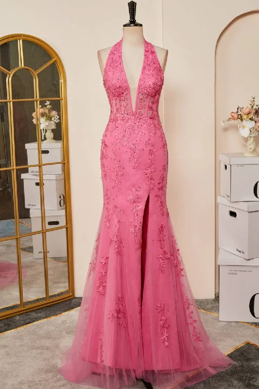 elegant shift dressHot Pink Halter Lace Long Prom Dress Mermaid Formal Dress with Appliques,DP892