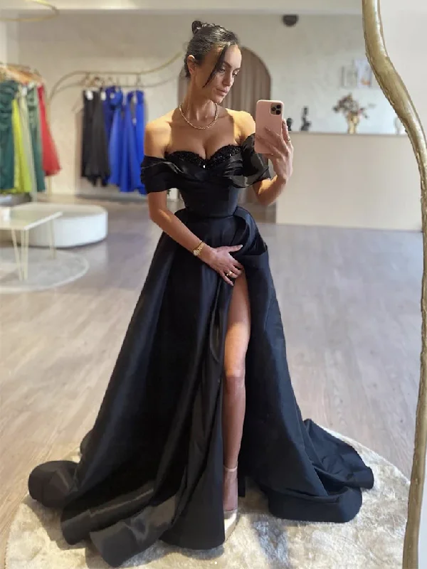 vintage dressBlack A-Line Off Shoulder Satin Long Prom Dress Evening Dress,DP799