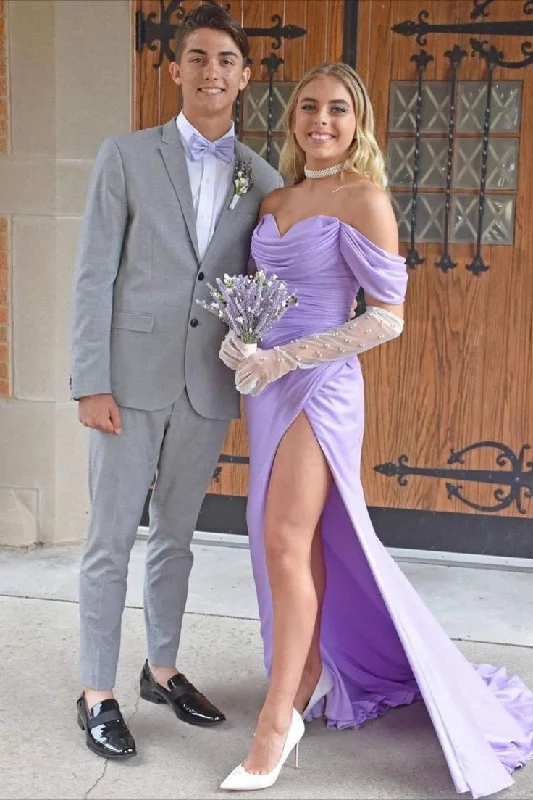 layered dressLavender Off the Shoulder Satin Long Formal Prom Dress,DP898