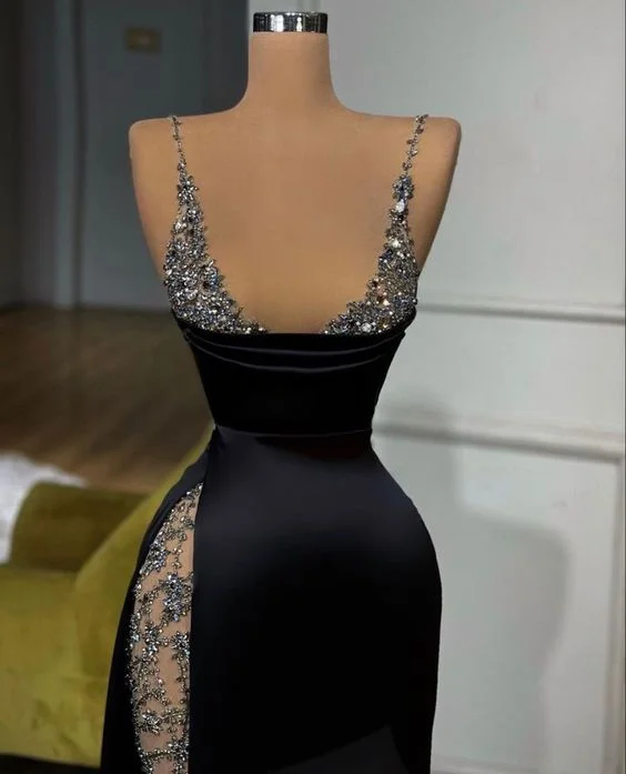 chic shift dressBlack Sexy Beaded Straps Long Prom Dress Evening Party Dress with Slit,DP841