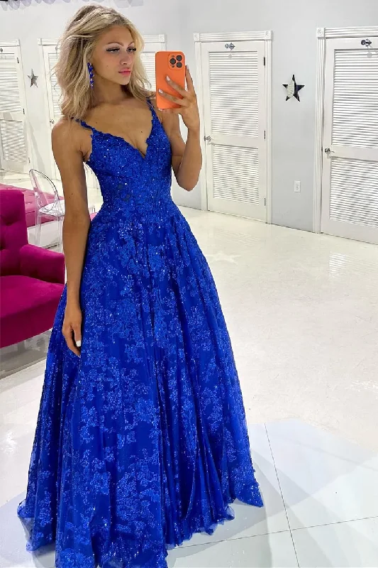 classic fit-and-flare dressRoyal Blue Sequin Lace V-Neck A-Line Long Prom Dress,DP821