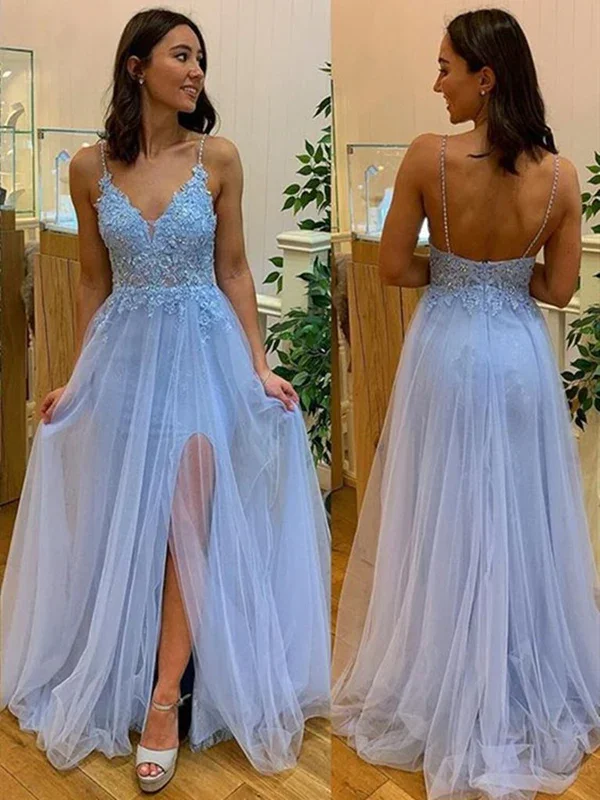 boho-chic dressLight Blue Backless A-Line Tulle Appliques Long Prom Dress,DP1006