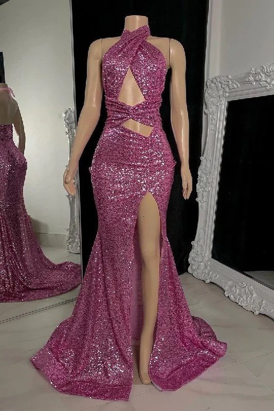 cocktail dressSparkle Halter Sequined Backless Long Prom Dress with Slit,DP980