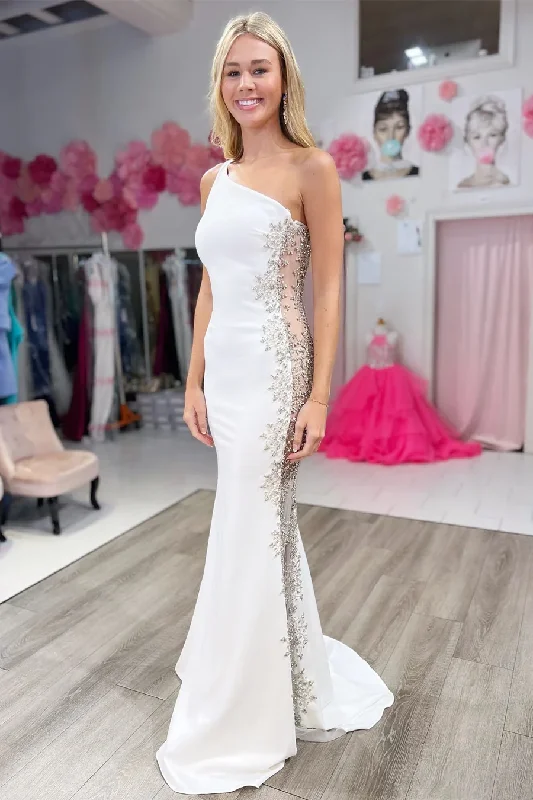 wrap-around dressWhite One Shoulder Mermaid Long Prom Dress with Beads,DP1012