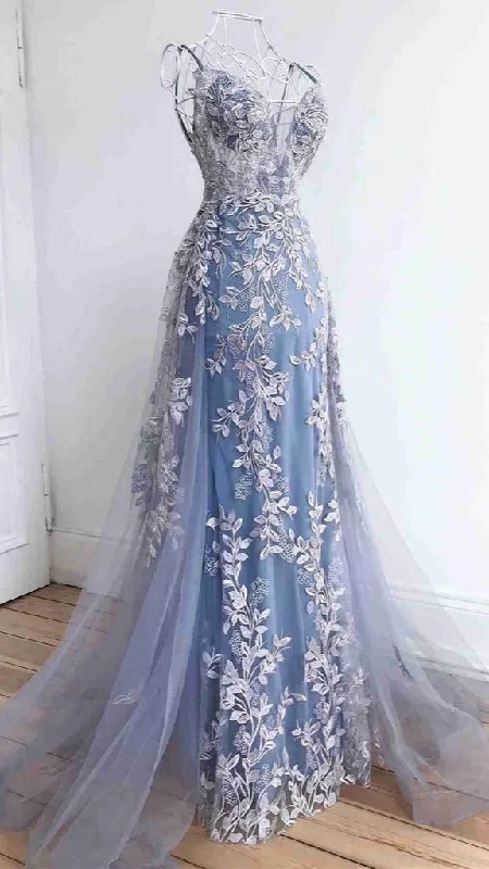 sophisticated dressBlue Tulle Appliques Prom Dress Long Party Dress,DP1031