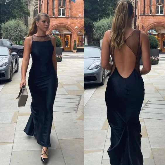 v-neck dressBlack Backless Simple Long Prom Dress,DP1056