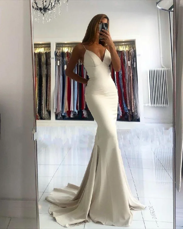 luxury dressV Neck Spaghetti-Straps Mermaid Long Prom Dress,DP868