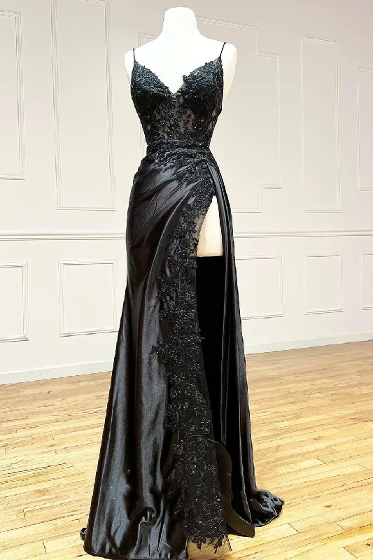 ruched dressBlack Appliques V-Neck Lace-Up Prom Dress with Slit,DP826