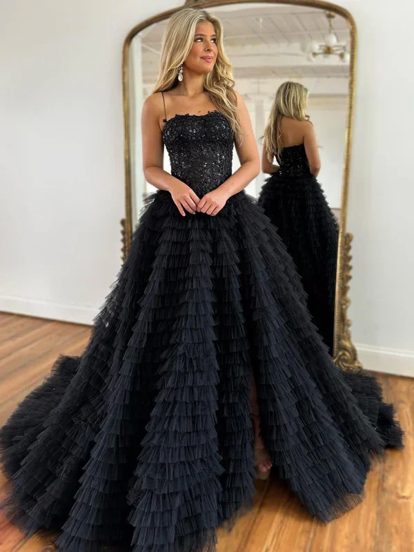 flowy maxi dressBlack A-Line Spaghetti Straps Tiered Sequins Tulle Long Prom Dress,DP731