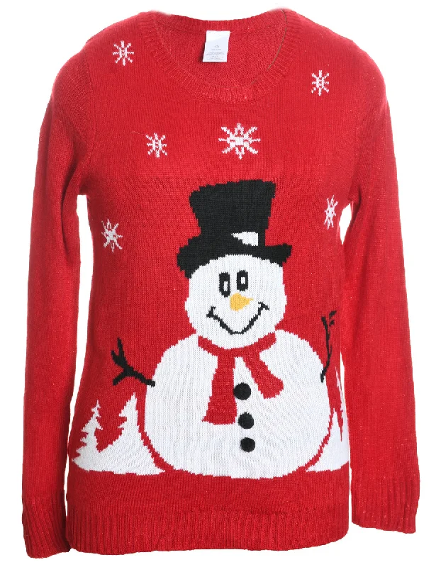 Snowman Design Red Knit Christmas Jumper - L