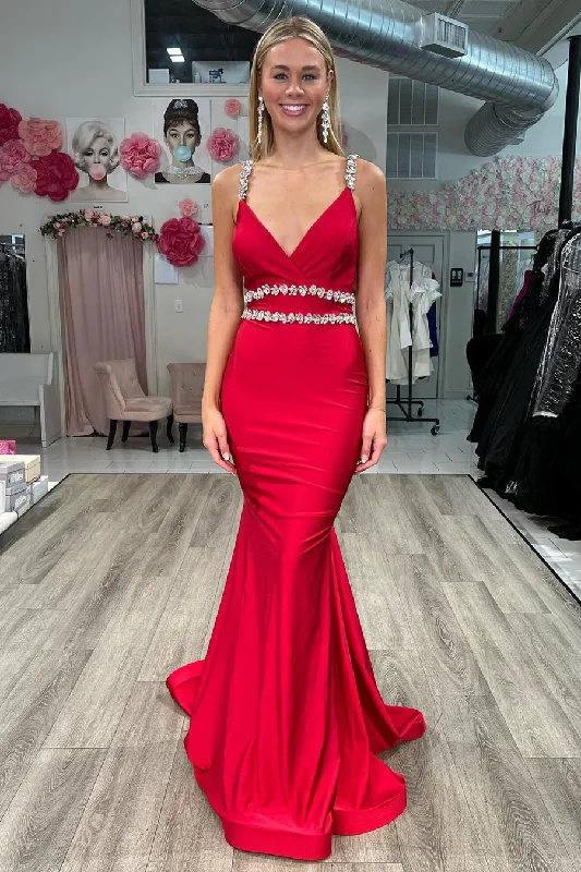 velvet dressSexy Red V Neck Satin Long Prom Dress with Beads,DP1022