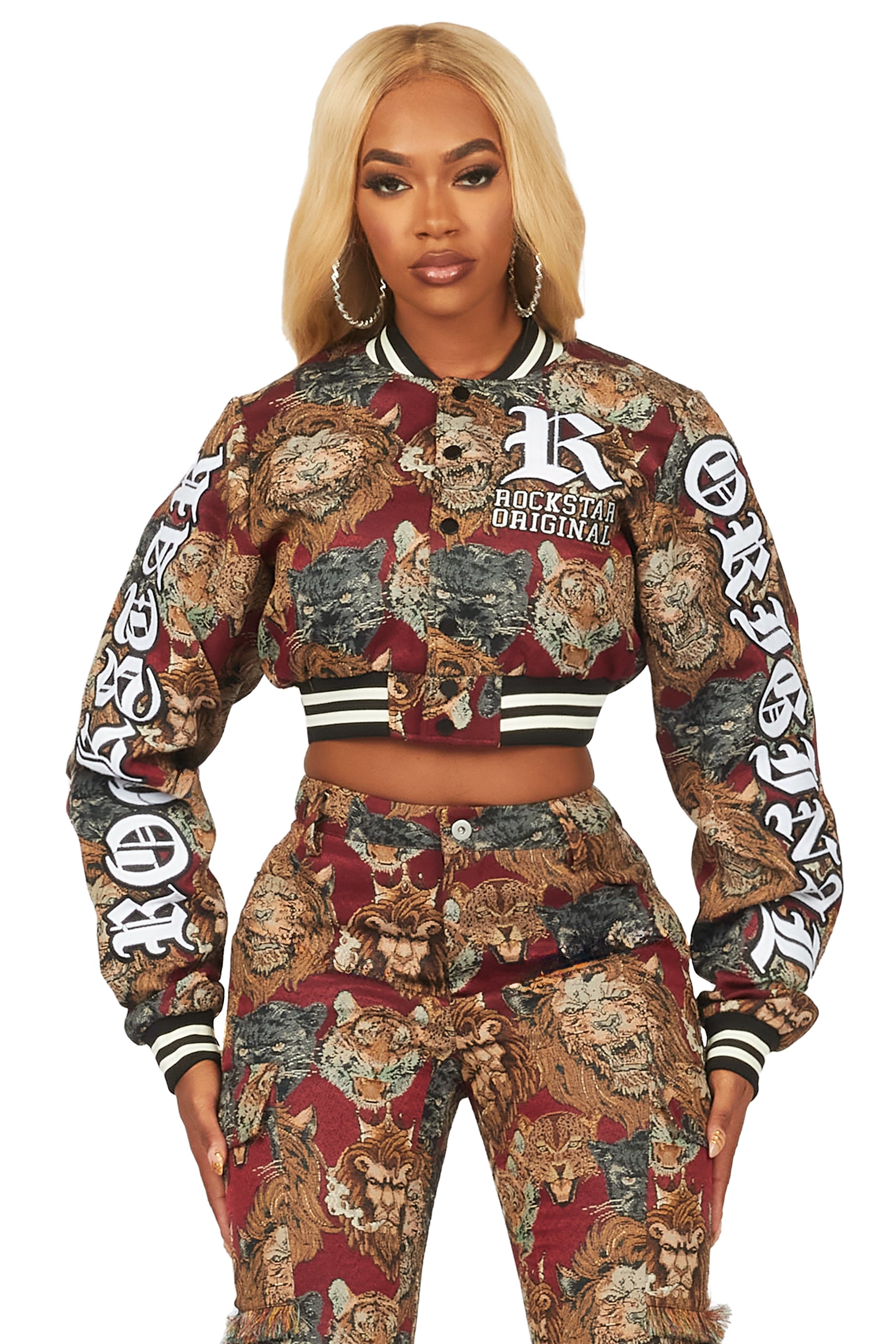 Khadiyah Red Crop Tapestry Varsity Jacket