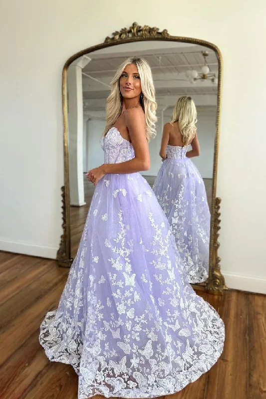 casual day dressCharming Lilac A-line Sweetheart Strapless Long Prom Dress With Lace,DP759