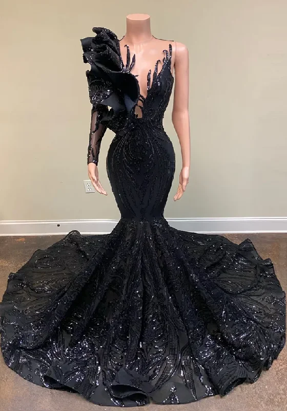 stylish dressSparkly One Shoulder Mermaid Sequined Black Girls Prom Dress Party Gowns,DP863