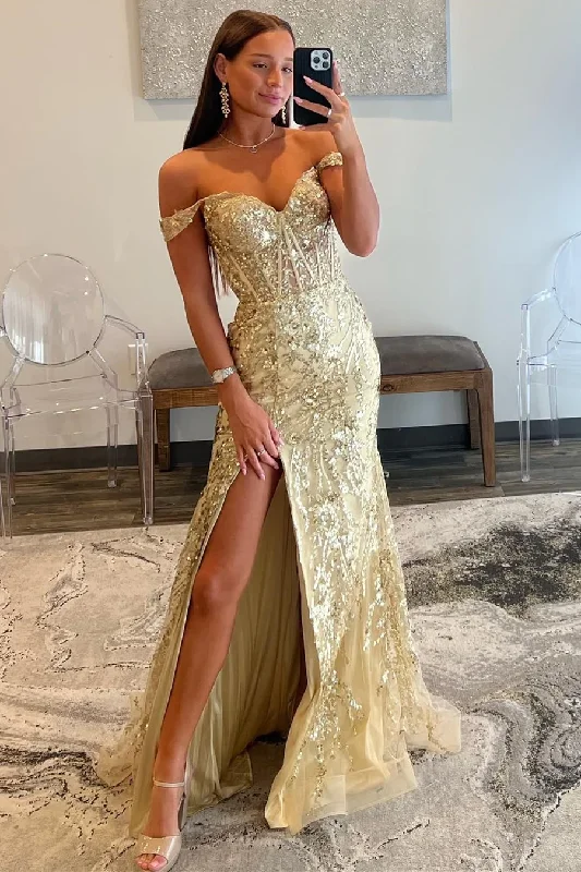 chic slip dressCharming Gold Off Shoulder Sequined Long Prom Dress wiith Slit,DP1023