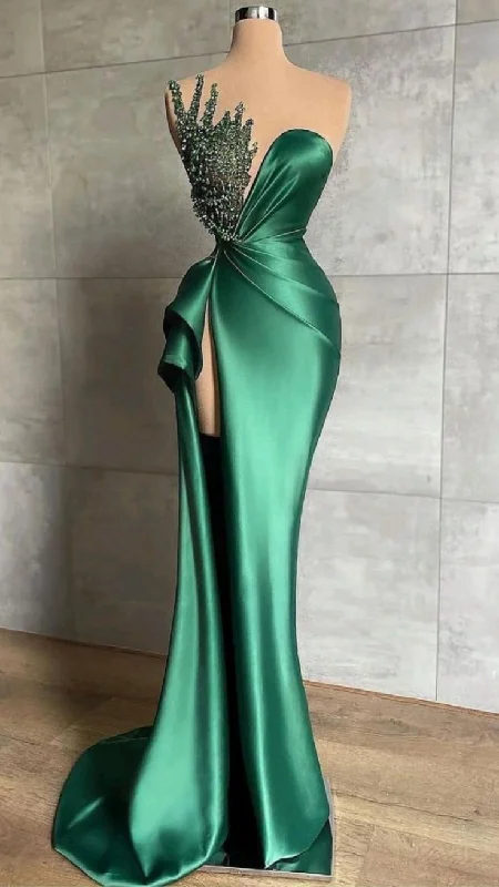 fitted dressGreen Sexy Beaded Satin Long Prom Dress with High Slit,DP836