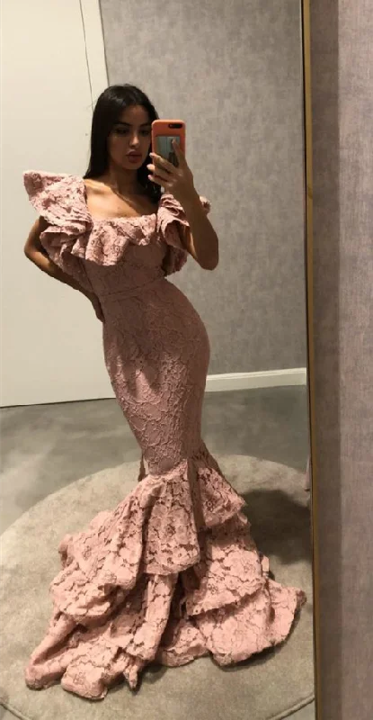 one-shoulder dressDusty Pink Mermaid Long Prom Dress with Ruffles,DP787