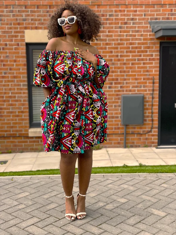 spaghetti strap dressBridget Ankara Off shoulder Midi Dress | Black and White Multicolored African Print