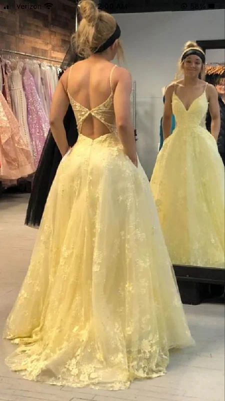 playful dressYellow V Neck Open Back A-Line Long Prom Dress Elegant Party Dress,DP895