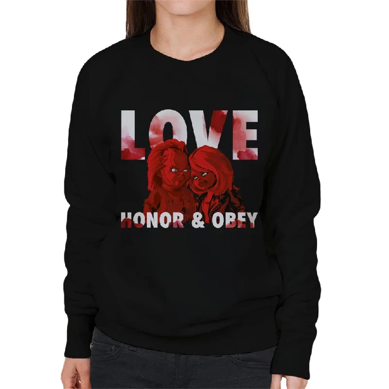 contemporary fitness sweatshirtChucky Tiffany Valentine Love Honor And Obey Women's Sweatshirt