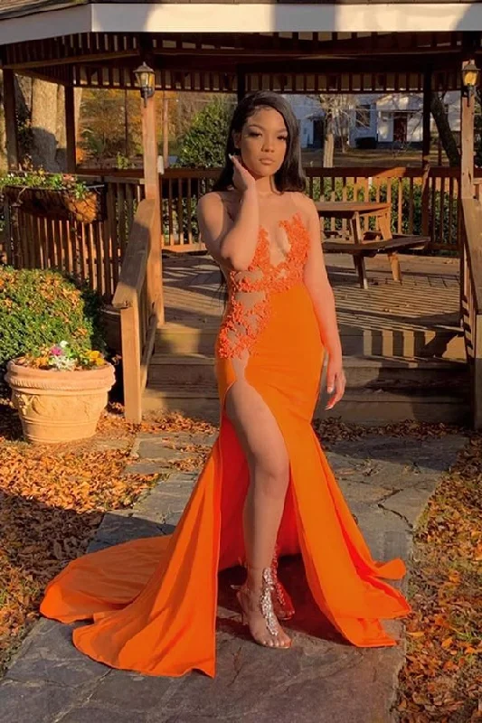 spaghetti strap dressSee Through Appliques Slit Ginger Long Prom Dress African Evening Dress,DP880