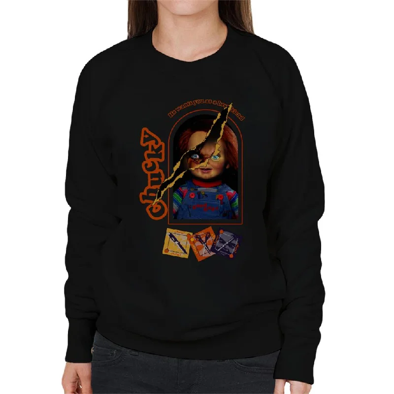 functional sports hoodieChild's Play Chucky He Wants You As A Best Friend Women's Sweatshirt