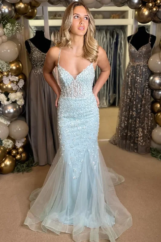 silk dressLight Blue Floral Appliques V-Neck Tulle Lace-Up Long Prom Dress,DP823