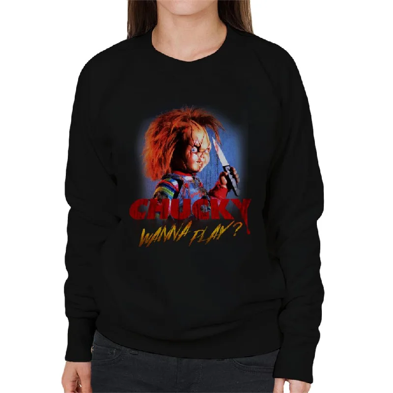 graphic gym sweatshirtChucky Wanna Play Crazed Face Women's Sweatshirt