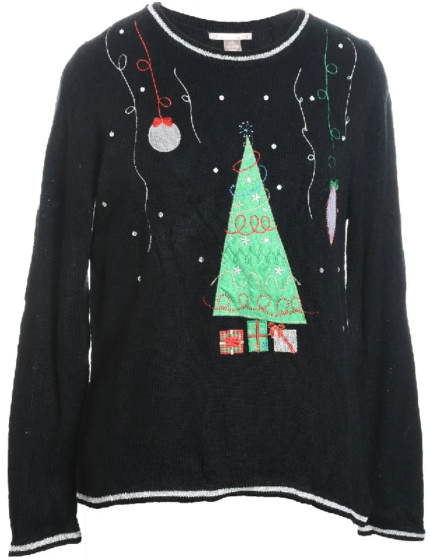 Black Embroidered Knit Christmas Jumper - M