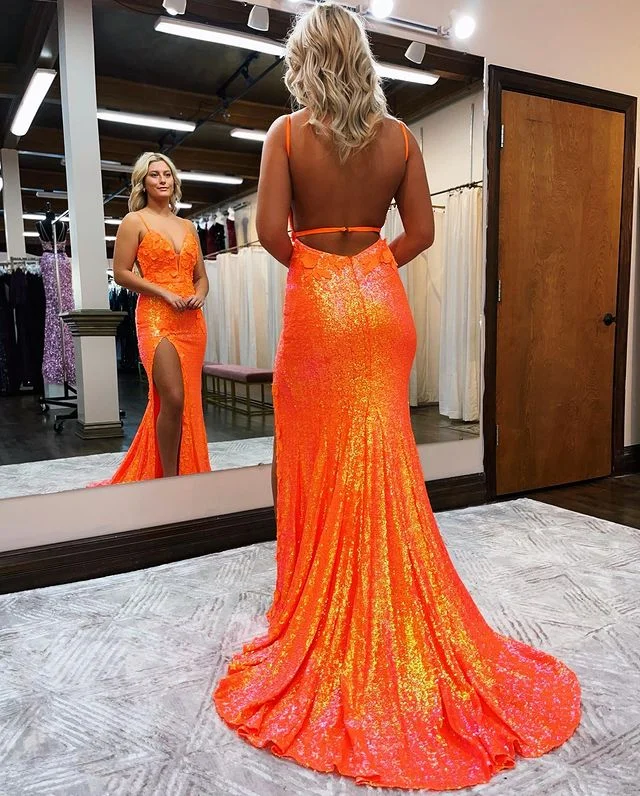 casual evening dressOrange Sparkly Mermaid V Neck Sequins Prom Dresses with Appliques,DP723