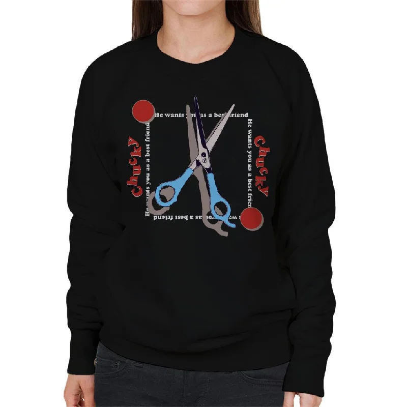 retro sports hoodieChild's Play Chucky Best Friend Scissors Women's Sweatshirt